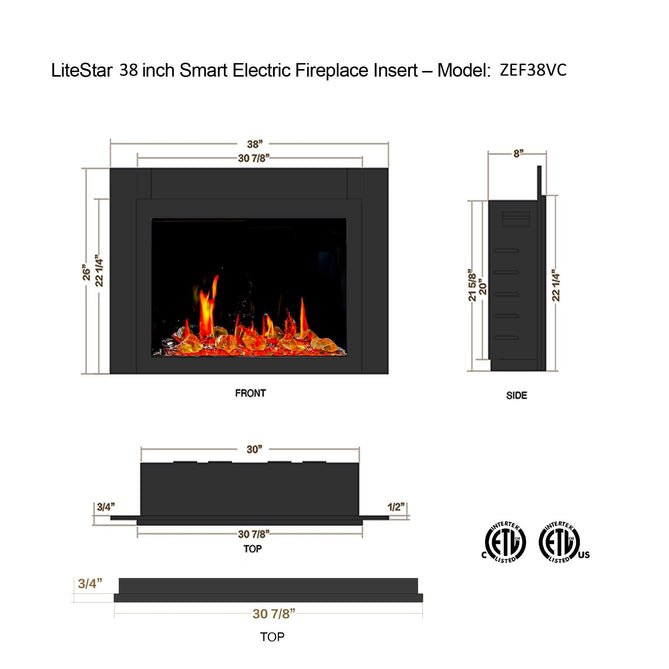 LiteStar 38" Smart Electric Fireplace Insert with App Reflective Amber Glass - ZEF38VC - A - Terrace Level