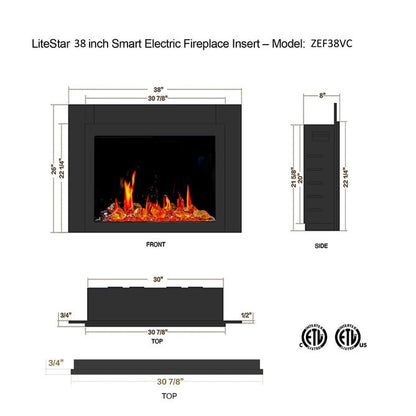 LiteStar 38" Smart Electric Fireplace Insert with App Reflective Amber Glass - ZEF38VC - A - Terrace Level