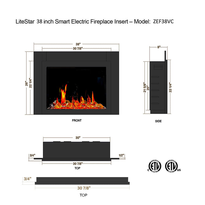 LiteStar 38" Smart Electric Fireplace Insert with App Reflective Amber Glass - ZEF38VC-A