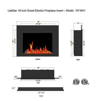 LiteStar 38" Smart Electric Fireplace Insert with App Reflective Amber Glass - ZEF38VC-A